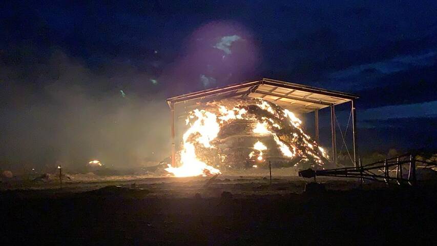 A hay shed on fire at Mt Mercer. Picture Supplied 