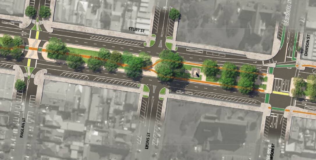 The stretch of the proposed bike path showing where it  moves to the sides of the median and then to the outer sides of Sturt Street.  Picture VicRoads