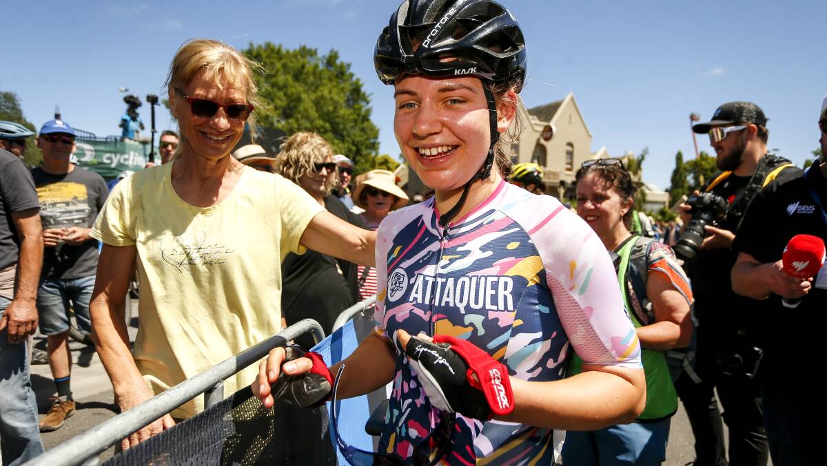 Sarah Gigante flanked by her mother, ecstatic at the finish line of today's woman's Road Nationals elite wmoen's race
