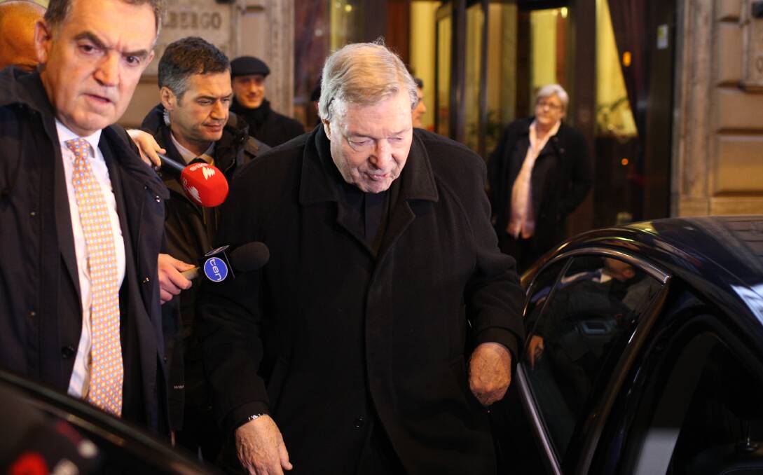 DESIGNER EVIDENCE: Cardinal George Pell, beset by the media outside the Quirinale, has been accused of designing his evidence to deflect blame.