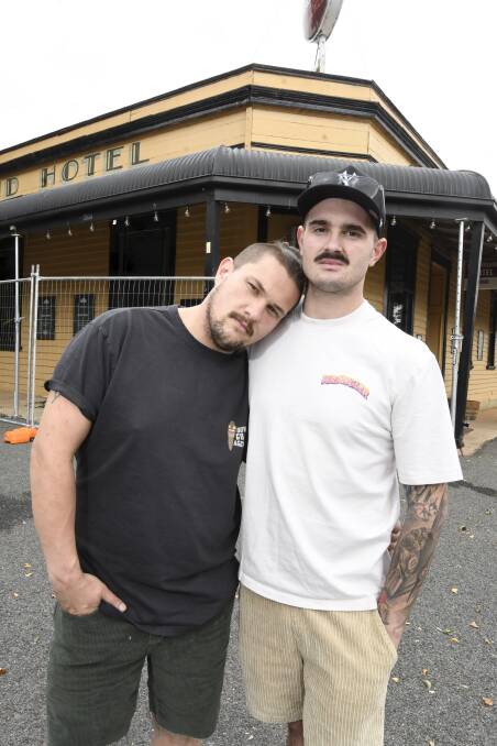 James Consiglio recovering with husband Caleb at Smeaton's Cumberland Hotel after allegedly being struck by a ute last Friday night. Picture by Lachlan Bence 