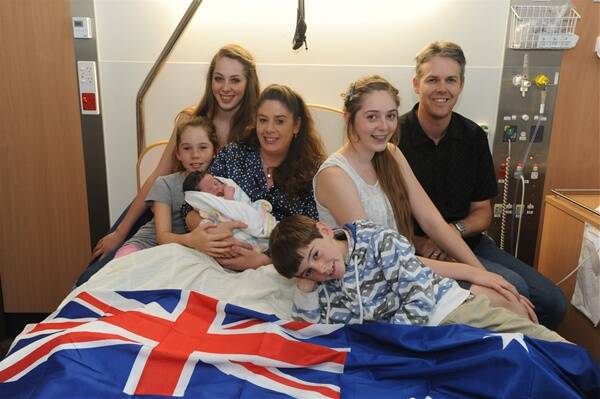 ADDITION TO THE FAMILY: The Van Gaans family, from left Olivia-Rose, Monet, Mum Tracey with new baby Ethan James, Damien, Jessica and Dad James celebrate the new arrival. Picture: Andrew Kelly
