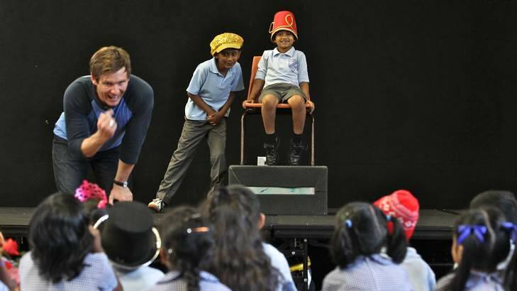 As they like it … (clockwise, from above) Paul Reichstein, of Bell Shakespeare, with Westmead Public students.