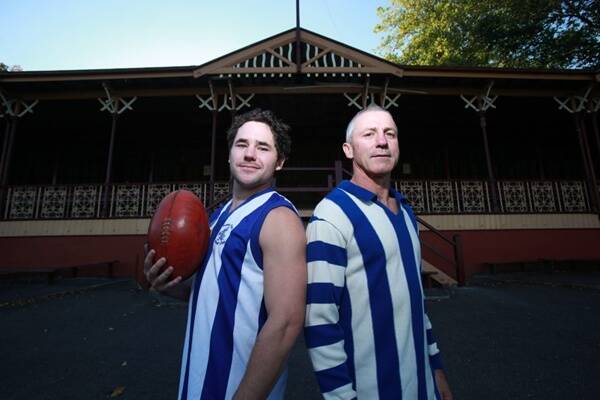 HISTORICAL: East Point vice-captain Jason Delaney, left,  models the Kangaroos' one-off Golden Point strip to be worn for Saturday's match against Redan. Club great Peter Kiel dons his 1980 Golden Point's  guernsey to compare.