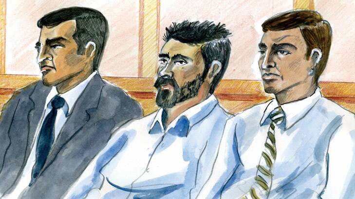 Rayan Polos, Lawrence Khoshaba and Ameer Younan in court.