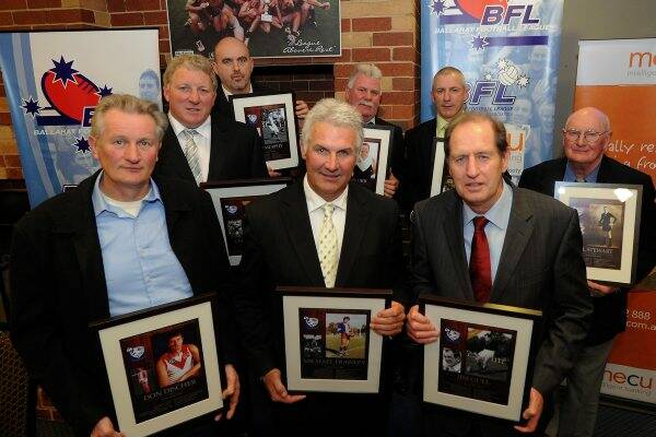 SPECIAL NIGHT:  Don Discher, Chris Parker, John Murphy (for his father Jim), Michael Frawley, John Orr, Peter Kiel, Stewart Gull (for his father Jim) and Rob Stewart (for his father Val) at the Ballarat Football League's Hall of Fame induction night in Ballarat last night. Picture: Jeremy Bannister