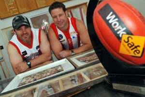 Reminiscing: Former players Matt Ilsley, left, and Jason Baynes recall old days at Ballarat Football Club ahead of Saturday’s legends’ match. Picture: Kate Healy