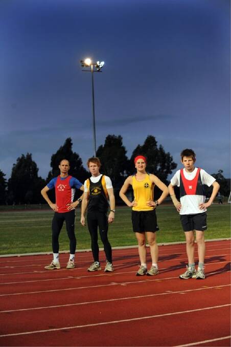 GET SET: Representatives  from each of the Ballarat clubs competing in the Athletics Victoria 15-kilometre road race tomorrow, from left,  Steve Moneghetti (YCW), Nathan Hartigan (Harriers), Bridget Milesi (Eureka) and Heath McLennan (Wendouree). Picture: Jeremy Bannister