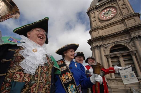 HEAR YE: From left, Moorabool  town crier Gavin Barker, Peterborough crier Pearl Catewell, Central Goldfields crier Peter Northfield and Ballarat crier Brian Whykes clear their throats.