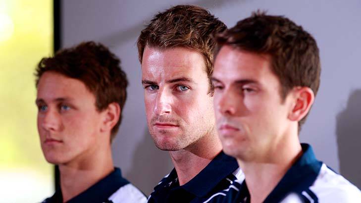 In deep water … James Magnussen, centre, with Cameron McEvoy, left, and Eamon Sullivan at their news conference on Friday.