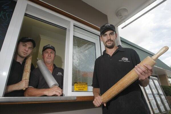 Bakers Tim Novak, Allan Fowler and Darren Horsley helped foil a smash-and-grab attack at the Golden Nugget Bakery in Sturt St. Picture: Daniel Hartley-Allen