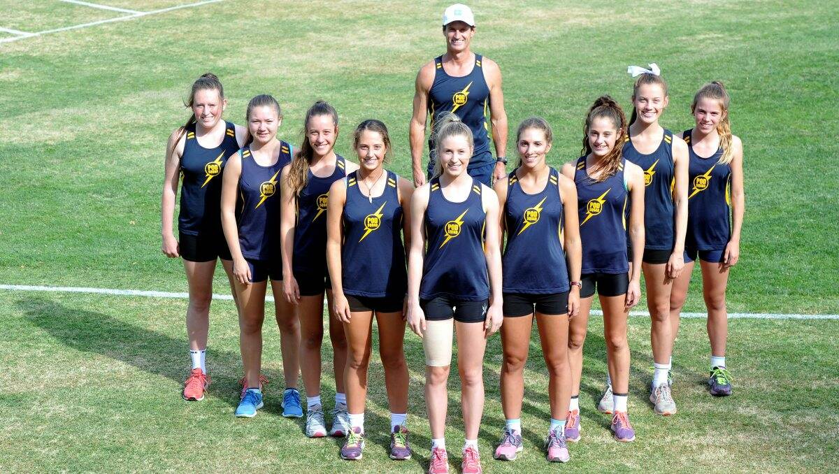 Strong girls: Coach Peter O’Dwyer and his sprinting crew, from left, Bethany Simpson, Jenna Cartledge, Cleo Anderson, Kathryn O’Dwyer, Holly Dobbyn, Nadia Domaschenz, Grace O’Dwyer, Delaney Keating and Tiana Shillito. PICTURE: LACHLAN BENCE