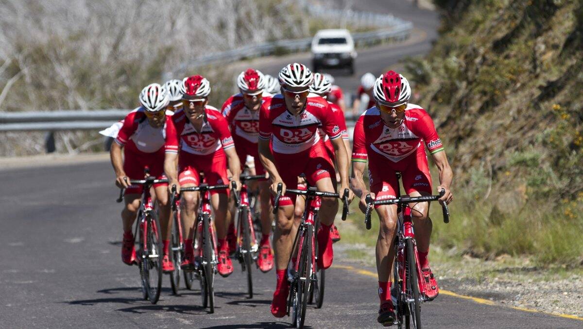 In training: The 2007 Australian Road Champion, Darren Lapthorne, leads the charge at Drapac Pro Cycling’s recent training camp in Bright. PICTURE: Drapac Pro Cycling