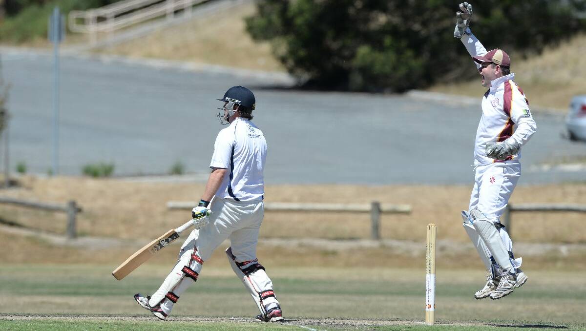 Cricket - Mt Clear v Brown Hill. Shaun Coffey, Mt Clear and Paul White, Brown Hill. PIC: KATE HEALY