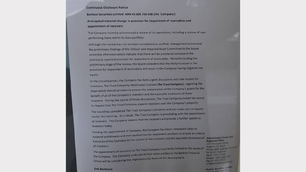 This letter was on the front window of Banksia Securities. 