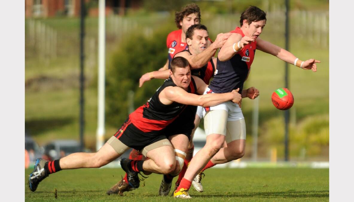 Kenny Terry, Cameron Baker and Jackson Murphy in the Buninyong versus Bungaree match. PICTURE: JUSTIN WHITELOCK. 
