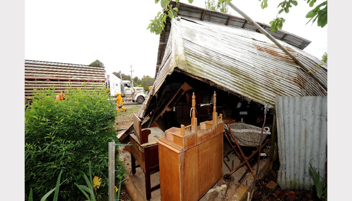 The damage left after a truck crashed through the Newlyn Antique Shop on the Midland Highway. PICTURE: JEREMY BANNISTER.