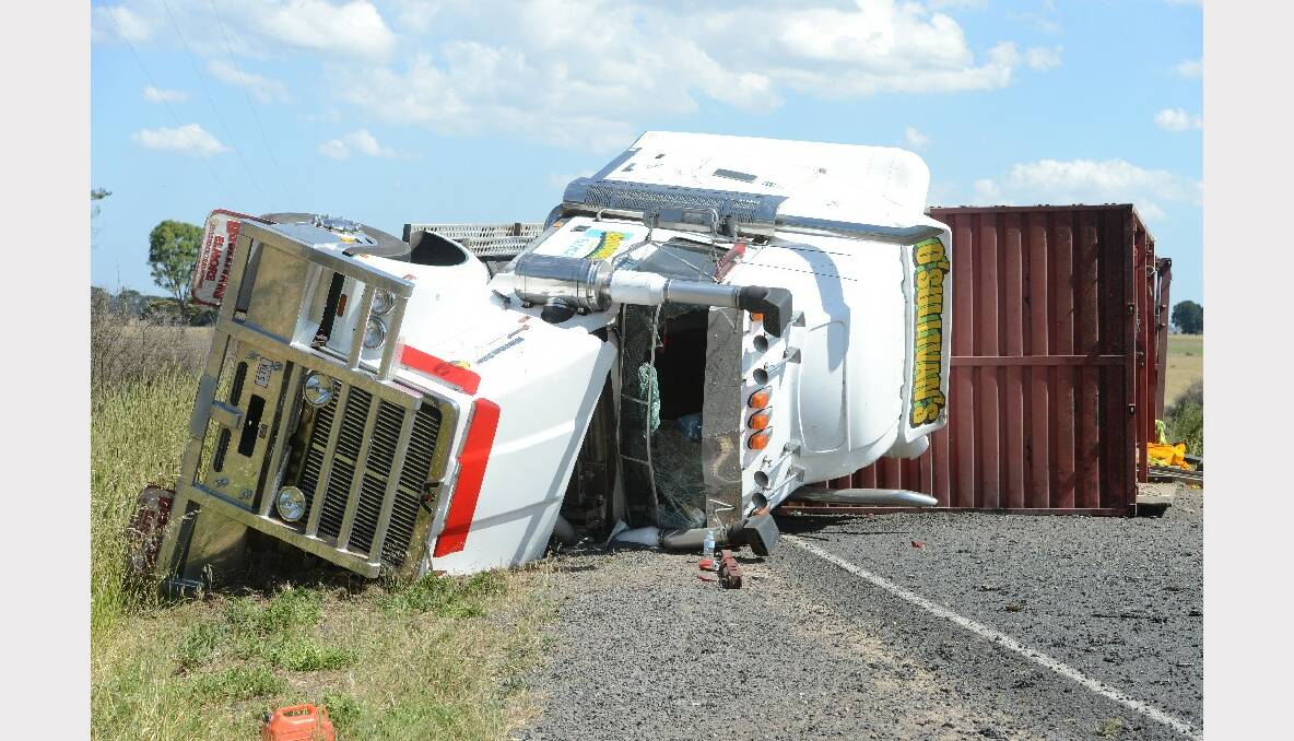 SCENE: The truck rollover on the Ballarat-Maryborough Road. PICTURE: KATE HEALY.