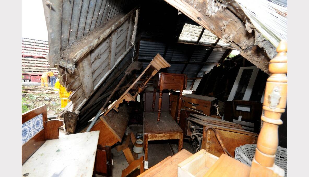 The damage left after a truck crashed through the Newlyn Antique Shop on the Midland Highway. PICTURE: JEREMY BANNISTER.