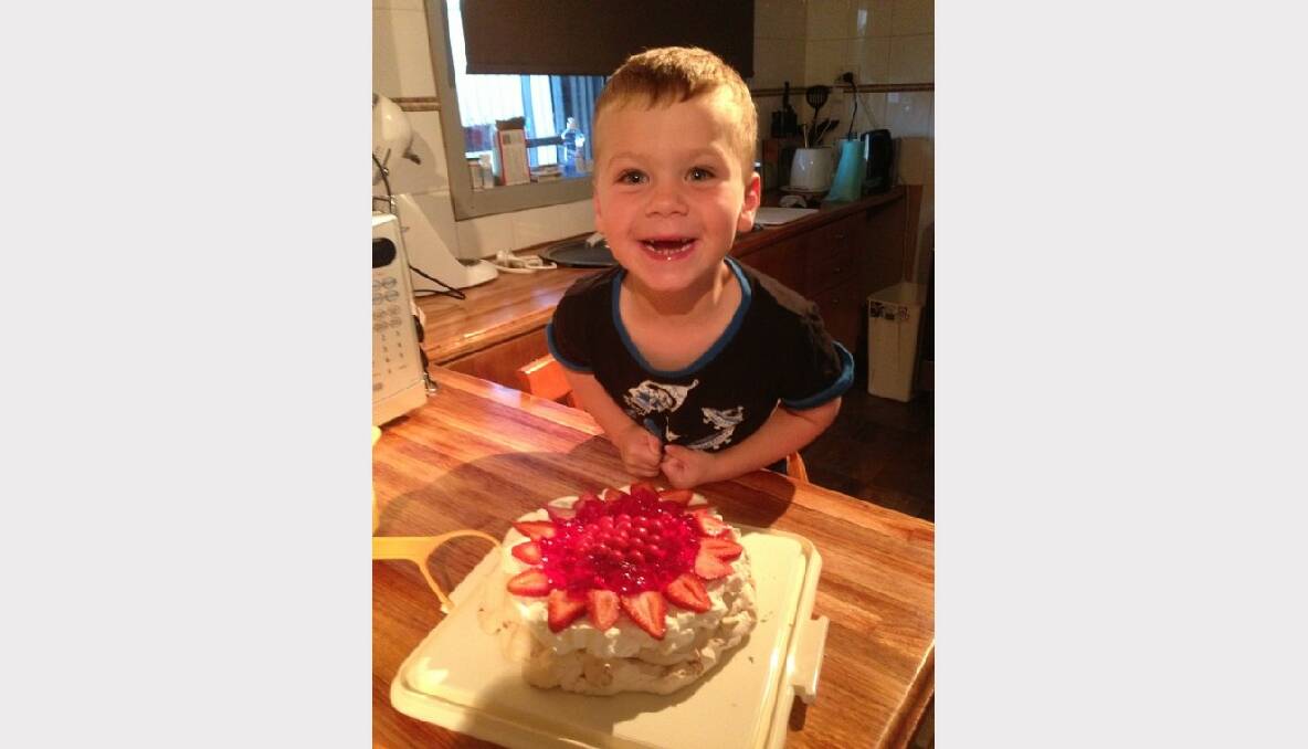 "This is my 3-year-old son who loves baking! Especially when it comes to our three-egg pavlova, which he makes for his poppy. He gets so excited every time. Submitted by Adele Griffin