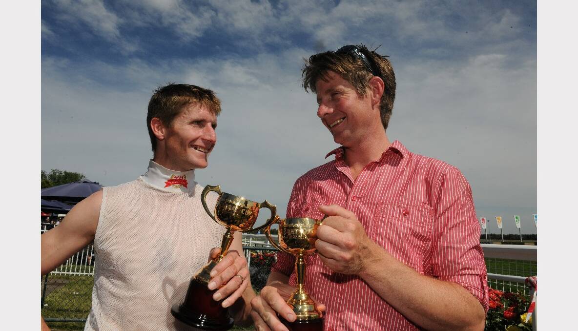 RACE 8 - Sportsbet.com.au Ballarat Cup Winner King Diamond Jockey Brad Rawiller and Trainer Jarrod McLean. PICTURE: LACHLAN BENCE.