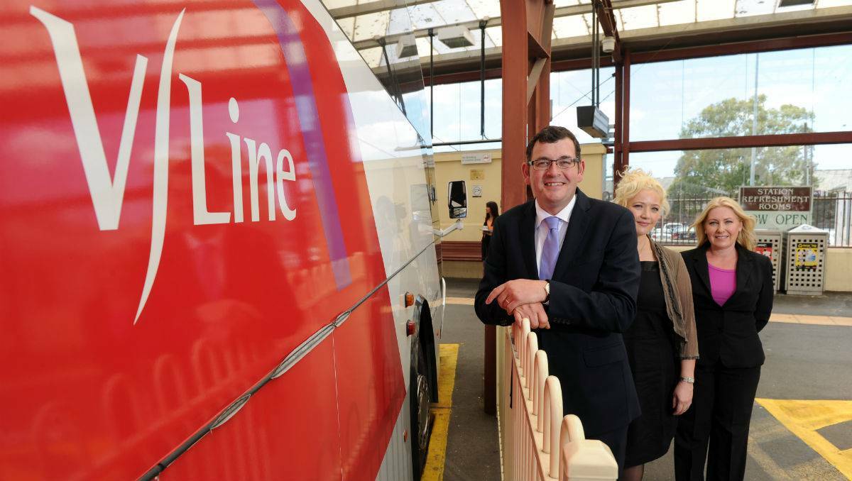 Labor leader Daniel Andrews with Jill Hennessy and Sharon Knight at Ballarat Railway Station. PICTURE: JUSTIN WHITELOCK
