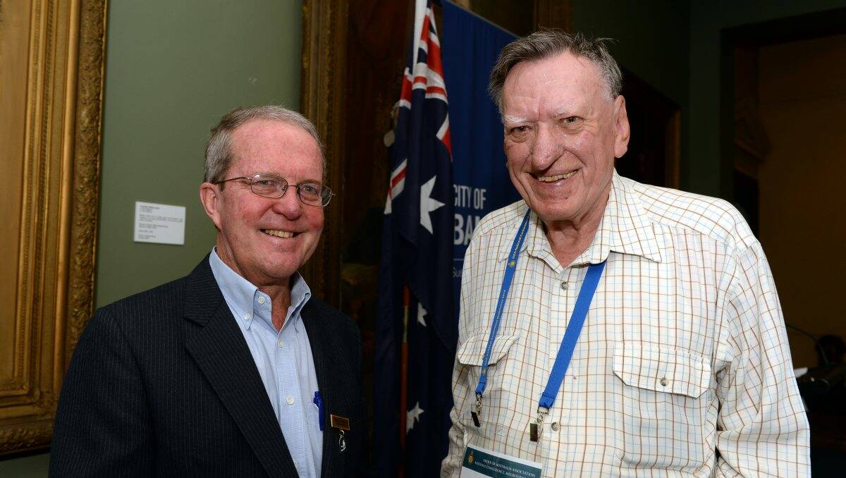 Peter Innes (Ballarat City Council) and Ray Newcombe (Canberra) at Town Hall for an Order of Australia meeting.