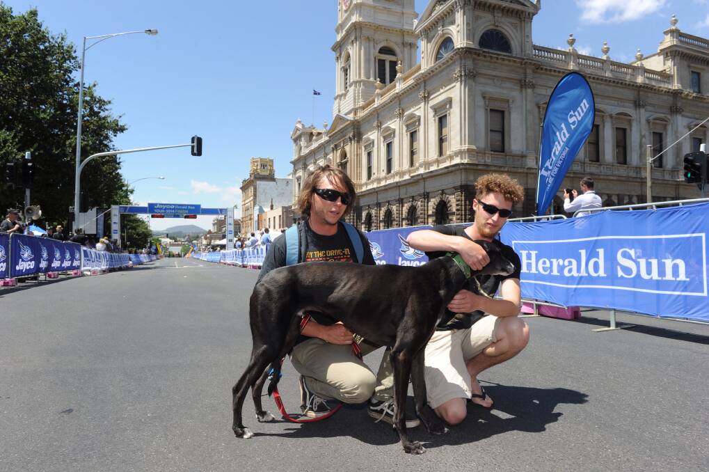 Ballarat locals Tom Cook and Chris Arnold wait for the cyclists to arrive. PIC: Justin Whitelock