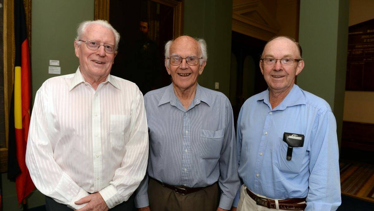 John Hurley (Buninyong), Bill Pryor (Buninyong), and Geoff Crick (Mt Blowhard) at Town Hall for an Order of Australia meeting.