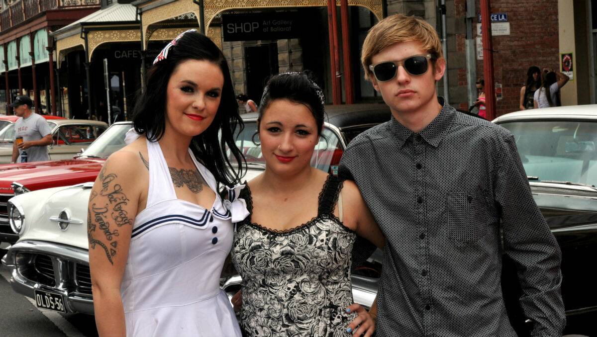 Fiona and Tori Butcher with Mitch Strong at the Ballarat Beat Rockabilly Festival. PICTURE: JEREMY BANNISTER