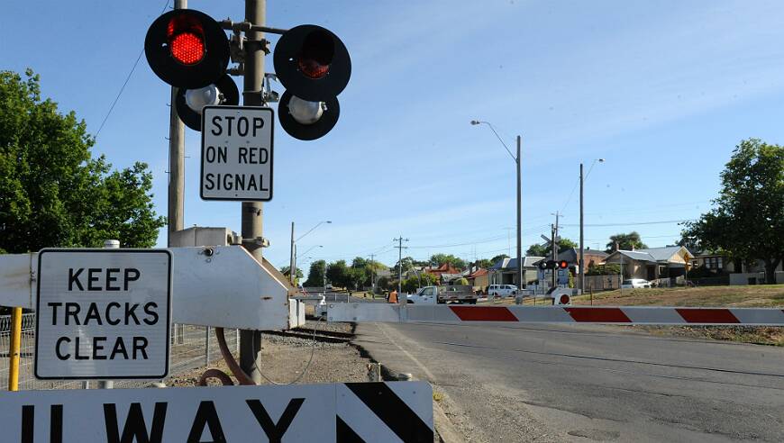 The boom gates at the Doveton St rail crossing were down for several hours this morning. PICTURE: JEREMY BANNISTER