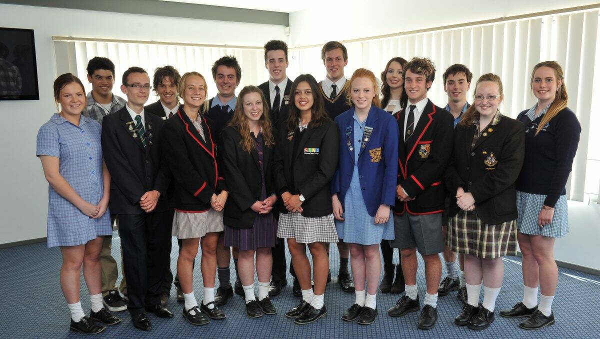 Scholarship recipients: Front; Stephanie McKenzie, Timothy Crowe, Isabel Kimpton, Emily Lizzul, Ebony Gilmour, Esther Crowley, Andrew McDougall, Laura Simpson, Shannon Alexander.  Back; Trent Williams, Tzaadi Lane, Chris Hardy, Damon Tilley, Lucas Cooper, Samantha Devries and John Wilson. PICTURE: LACHLAN BENCE
