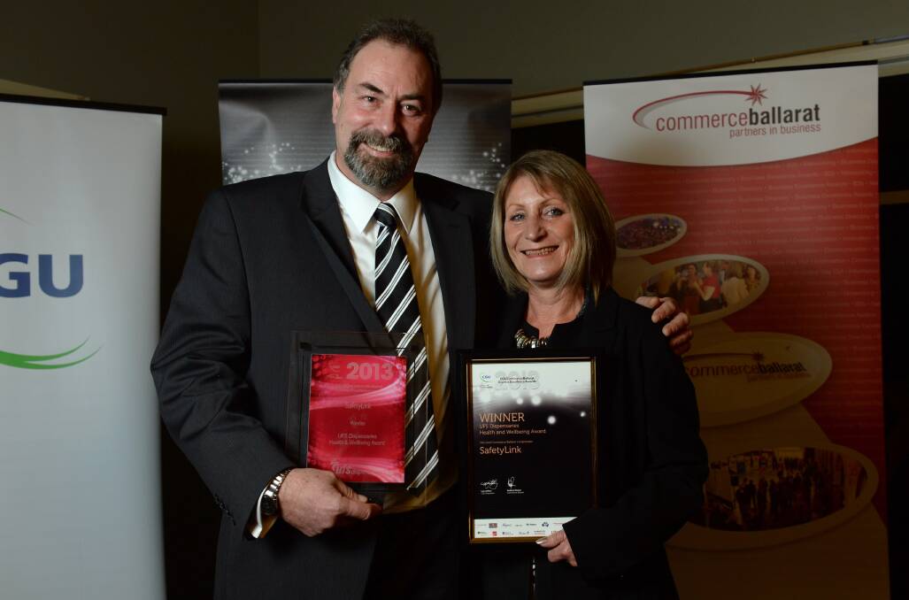 Steve Bruechert and Denise Gray from SafetyLink, winner of UFS Dispensaries Health and Wellbeing Award, as well as University of Ballarat Technology Park Innovation and Entrepreneurship Award. PICTURE: ADAM TRAFFORD