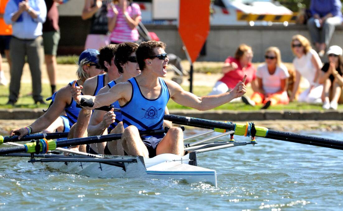 Ballarat High School's boys firsts celebrate rowing glory. Photographer: Jeremy Bannister