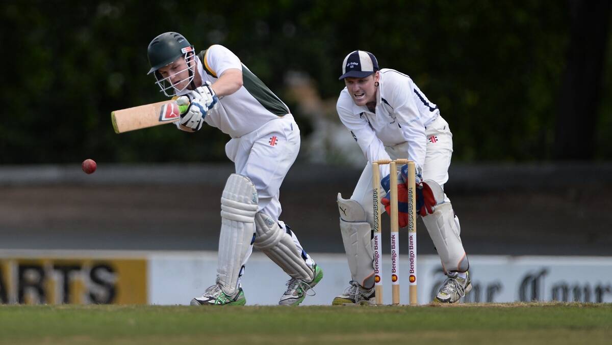 Ballarat-Redan's Nathan Patrikeos fires a shot away with Mt Clear wicketkeeper Les Sandwith on guard. Picture Adam Trafford