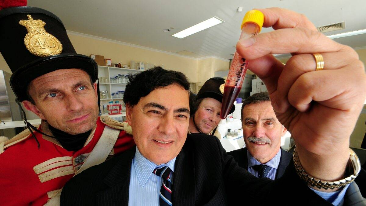 Fiona Elsey Cancer Research Institute director Dr George Kannourakis, front, with Sovereign Hill Redcoat Soldiers Rob pitman and Jamie Gleeson and Sovereign Hill CEO Jeremy Johnson.