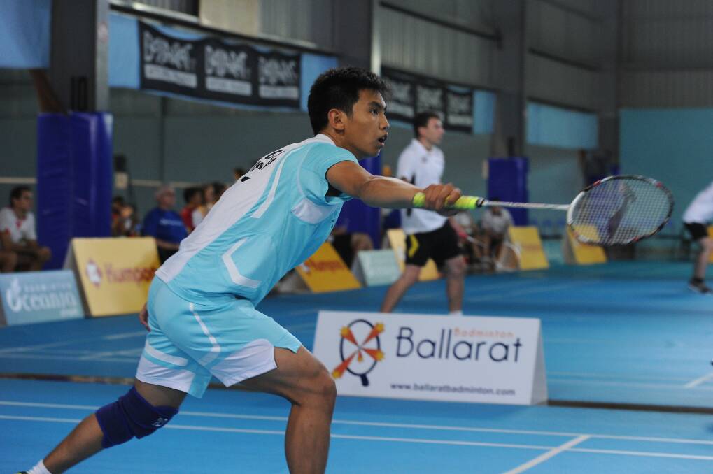 Daniel Guda in action at Ballarat's Ken Kay Badminton Stadium during the Oceania Mixed Teams Championships early last week. Picture - Justin Whitelock.