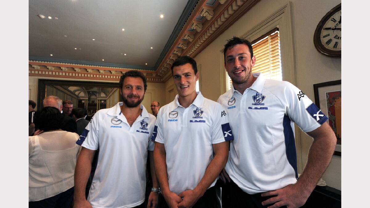  Scott McMahon, Scott Thompson and Todd Goldstein. Civic Reception at Town Hall for North Melbourne players and club officials to begin their community camp. PICTURE: JEREMY BANNISTER