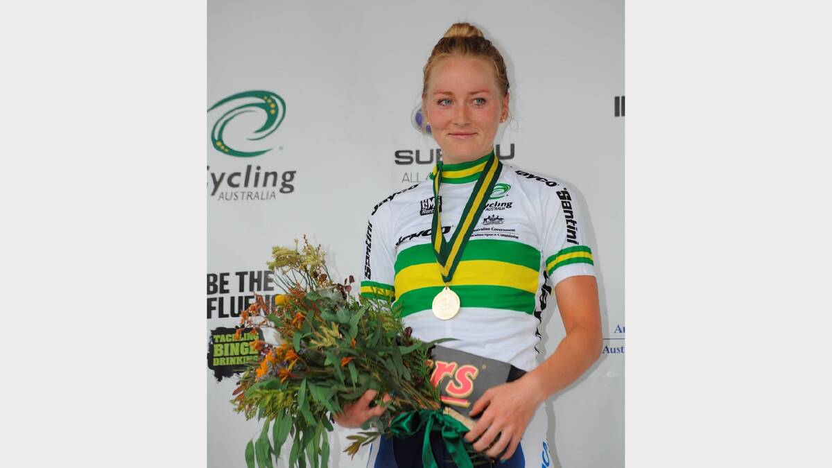 Road race winner Grace Elvin on the podium. PICTURE: LACHLAN BENCE
