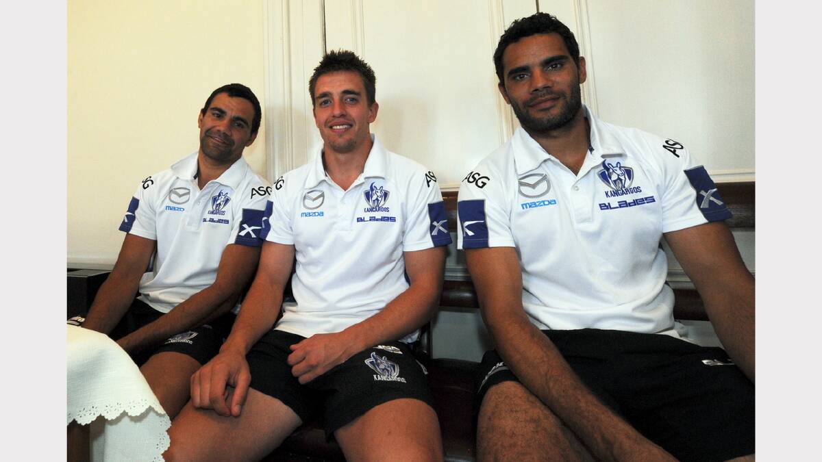 Lindsay Thomas, Ben Speight and Daniel Wells. Civic Reception at Town Hall for North Melbourne players and club officials to begin their community camp. PICTURE: JEREMY BANNISTER