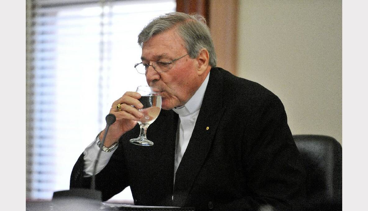 Cardinal George Pell gives evidence at the Victorian parliamentary inquiry into institutionalised child sex abuse. PICTURE: JOE ARMAO