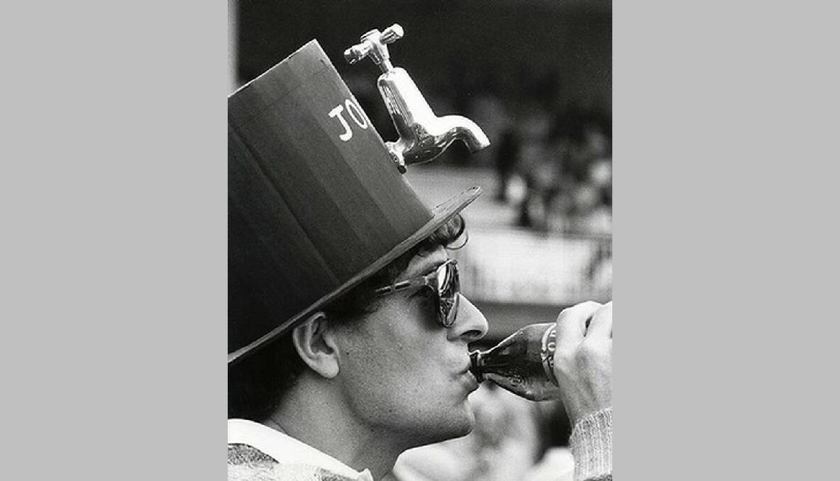 A 'beer on tap' hat at the VRC Spring Racing Carnival, 1983. Photo: Fairfax Archives
