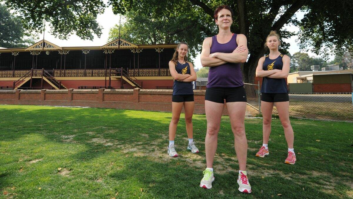Experienced sprinter Jacqui McCann, front, newcomer Cleo Anderson, 15, left, and Holly Dobbyn, 17, are three Ballarat athletes hoping to reap the benefits of a prizemoney boost for the Ballarat Women’s Gift next month. Dobbyn won the event last year.