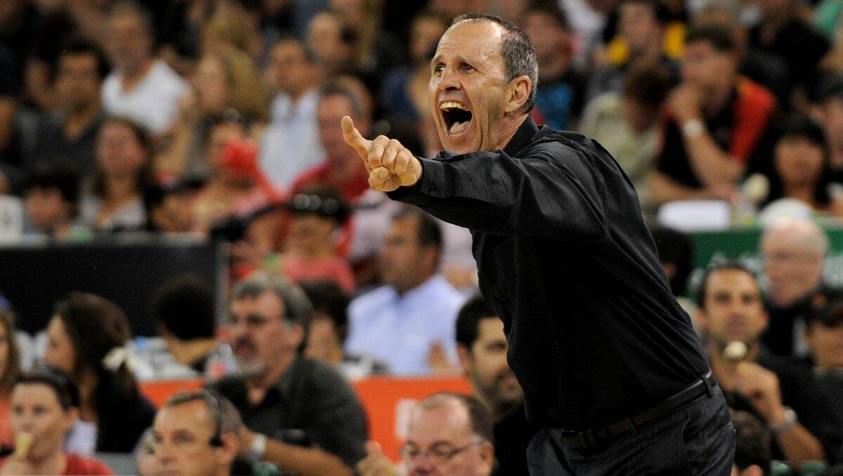 Dragons coach Brian Goorjian gestures to his players during game five of the NBL Final series at Hisense Arena.