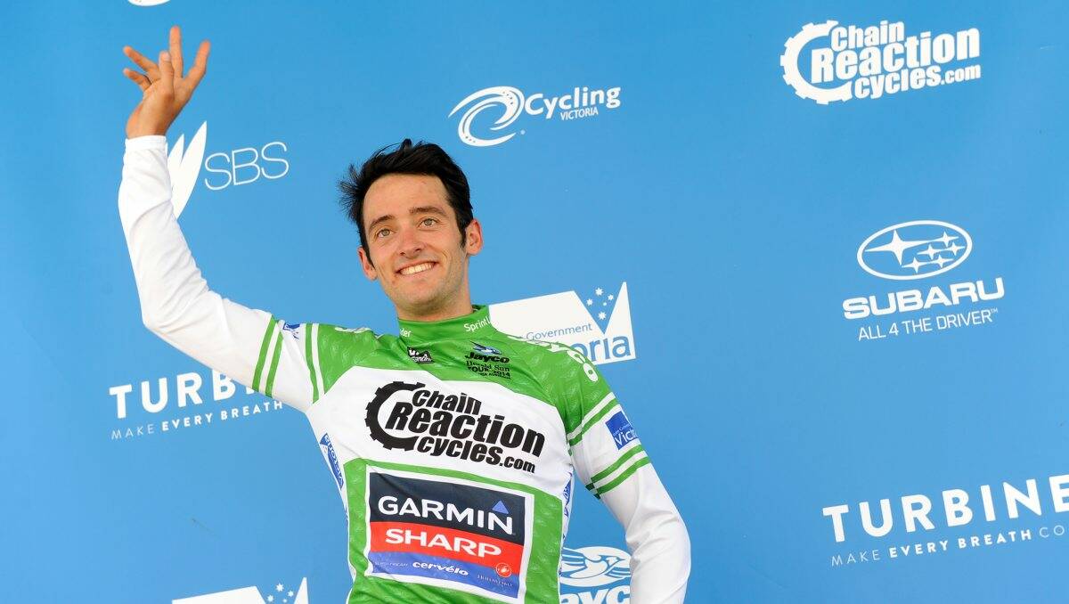 Nathan Haas celebrates winning the first stage of the Herald Sun Tour in Ballarat yesterday.