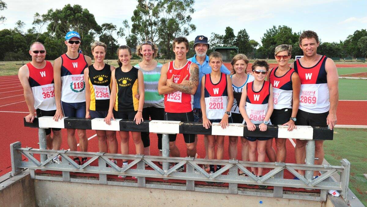 Some of the Ballarat family groups taking part in the Victorian Country Track and Field Championships. From left, Derek and Nicholas Milton, Sue and Cleo Anderson, Sarah, Alex and Richard Davis, Nick and Alison Fidler, Josh, Michelle and Brendan Hawkes.