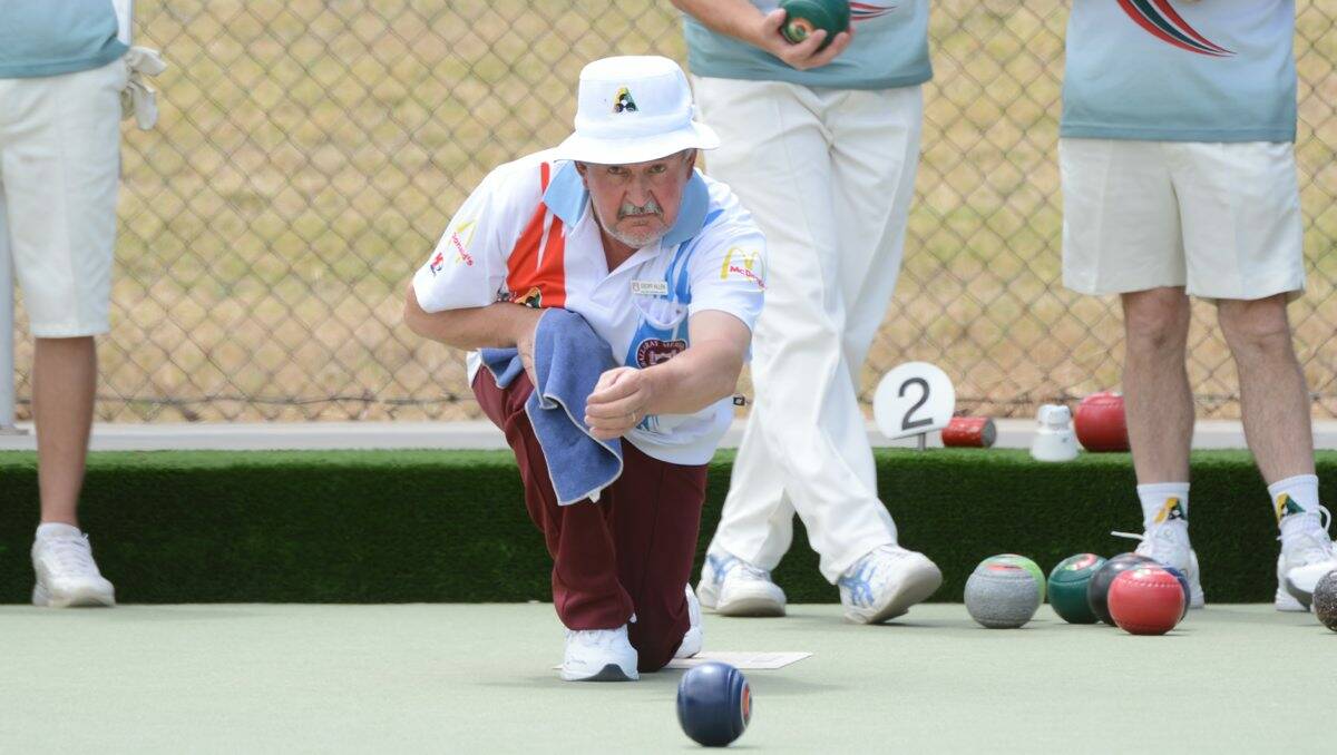 It’s off:  BMS bowler Geoff Allan gets the bowl away in the match against Ballarat.