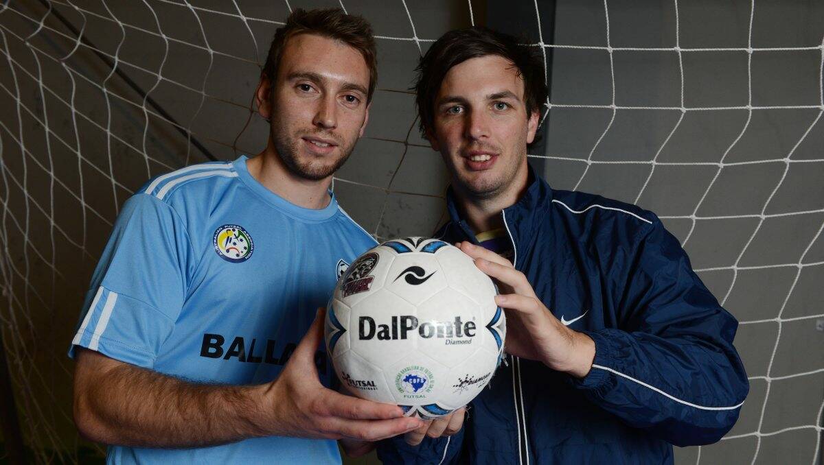 Bring it on: Ballarat Futsal Centre representative team captain Matthew Jamieson and coach Corey Smith believe the team can cause some damage at this weekend’s Futsal Oz FAFL Clubs Cup competition in Melbourne. PICTURE: KATE HEALY