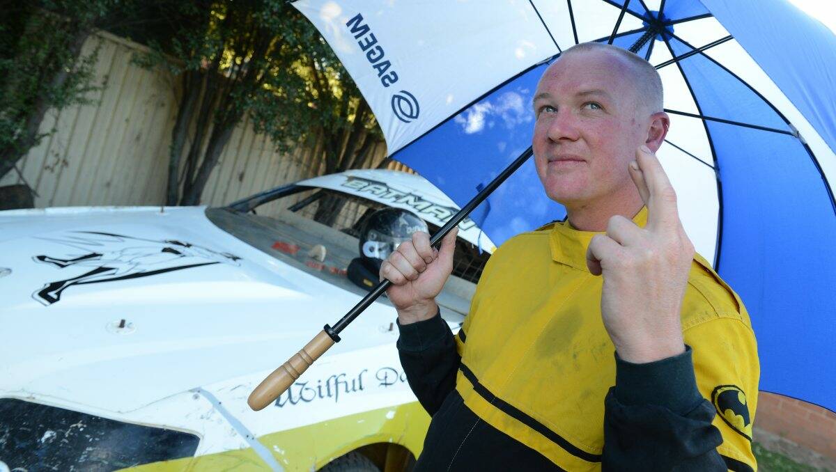 Ballarat street stock driver Dale Blomeley has his fingers crossed that the weather will hold off for the King of the Mountain on Saturday.