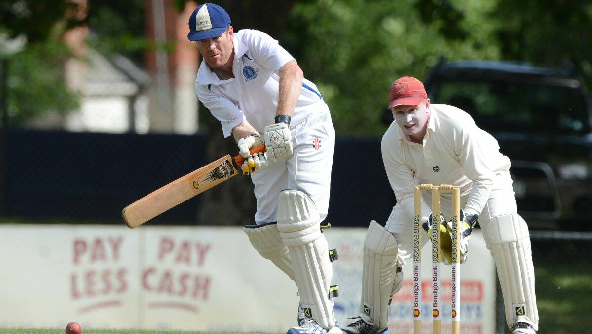 Top shot: Golden Point bat Steve O’Loughlin goes on the attack during his half-century against Heath Pyke and his Wendouree side. PICTURE: KATE HEALY